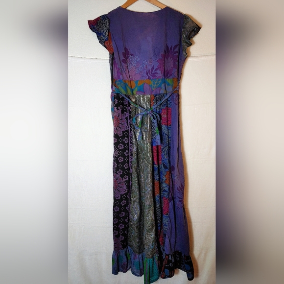 Jayli patchwork boho flutter sleeve maxi dress size M crochet bodice tie waist - Picture 2 of 10